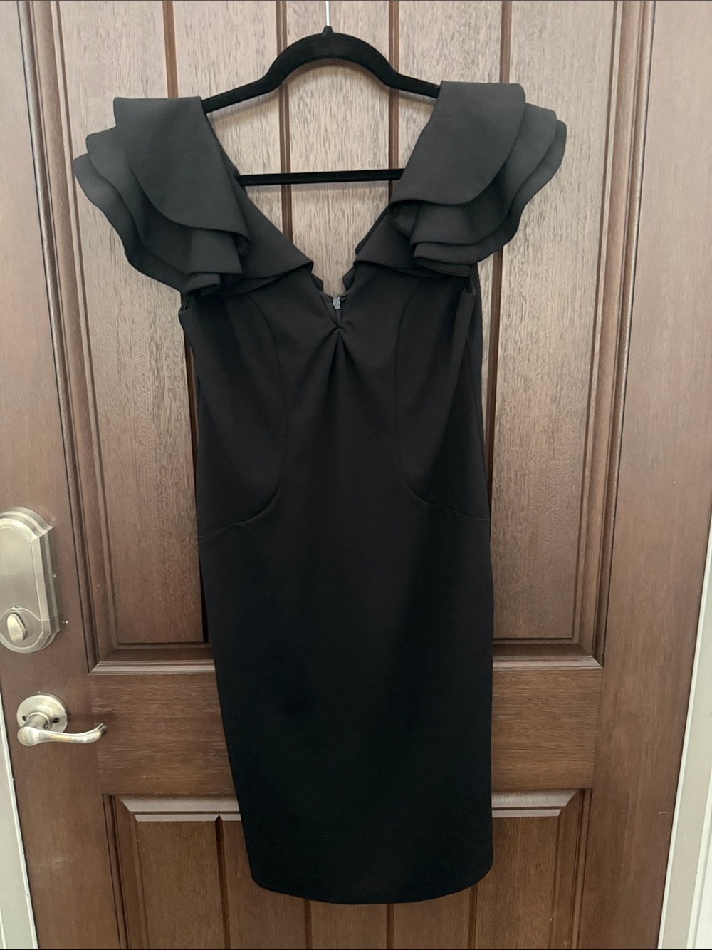 Shelby & Palmer Black Midi Dress with Layered Ruffle Shoulders